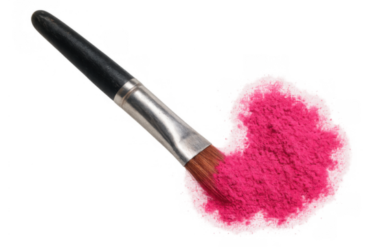 Paintbrush creating pink powder cloud or cosmetic blush smear isolated on transparent background