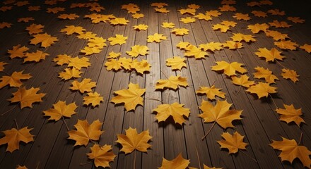 Autumn's embrace: maple leaves scattered on weathered wooden surface