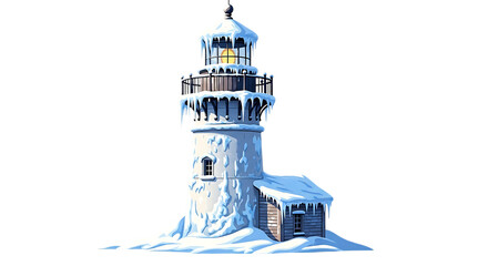 Cartoon winter lighthouse covered in snow and ice with glowing light