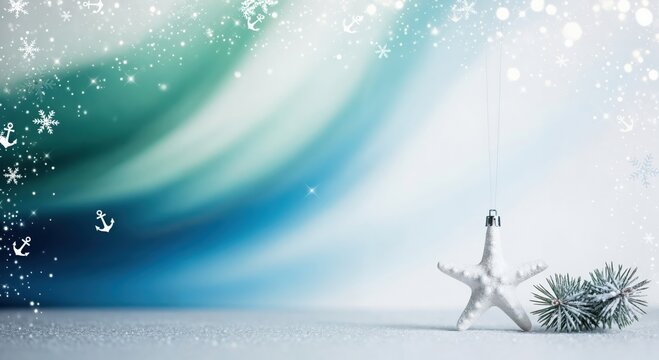 Coastal Christmas holiday background with a white starfish ornament, frosted pine cones, and sparkling snow on a blue and green gradient backdrop with anchors.