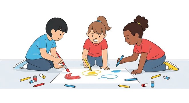 Childrens collaborative art project with crayons on large paper.