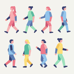 A diverse collection of flat design characters walking in profile view.
