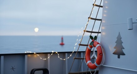 Festive nautical scene with a decorated lifebuoy and string lights on a ship's deck overlooking the ocean at dusk with a distant buoy and moon