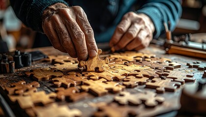 Skilled artisan creating a wooden puzzle with precise handcrafted pieces in a detailed workspace ideal for DIY craft and creative design themes.