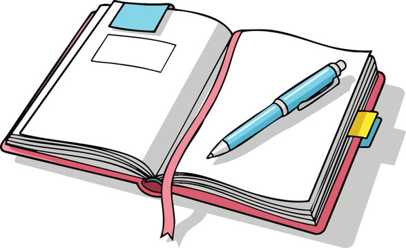 Open Diary Journal With Pen and Bookmarks on White Background