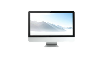 Sleek computer display showing a mountain landscape view