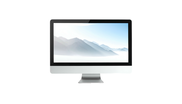 Sleek computer display showing a mountain landscape view