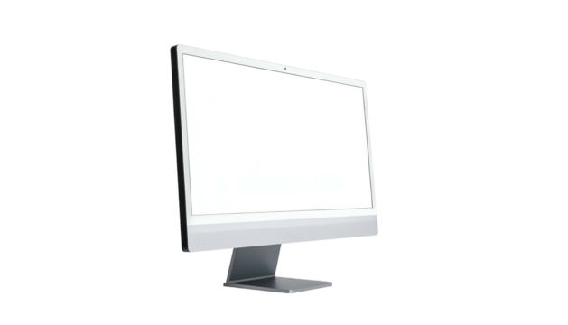 Isolated silver desktop computer with a blank white screen