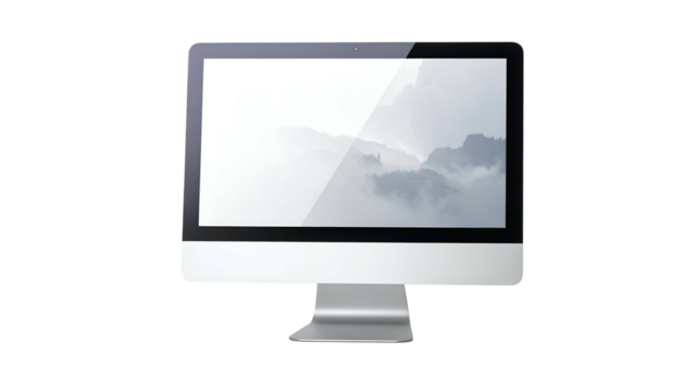 Sleek computer monitor displaying misty mountains on a dark background