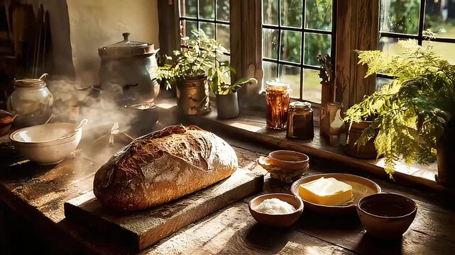 The aroma of freshly baked warm bread filled the kitchen, inviting everyone to gather around.