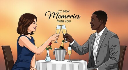 Couple celebrating with champagne at sunset creating new memories.