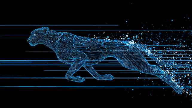 A minimalist cheetah in motion, composed of sleek speed lines and a digital data trail.