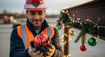 Smiling young male construction worker in a Santa hard hat and safety vest holding a red Christmas ornament, decorating a metal beam with festive lights and garland.