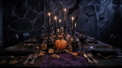 Spooky Halloween Dinner Table Setting with Skulls, Candles, and Pumpkin - Powered by Adobe