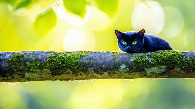 A sleek black cat with striking green eyes lies peacefully on a mossy tree branch, surrounded by a blurred background of lush green foliage and sunlight. - Powered by Adobe
