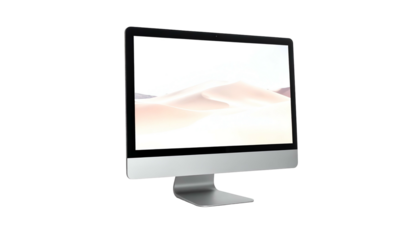 Sleek desktop computer with desert landscape wallpaper on the screen