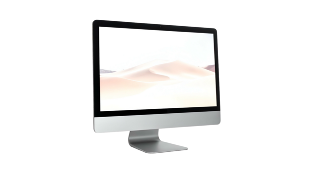 Sleek desktop computer with desert landscape wallpaper on the screen