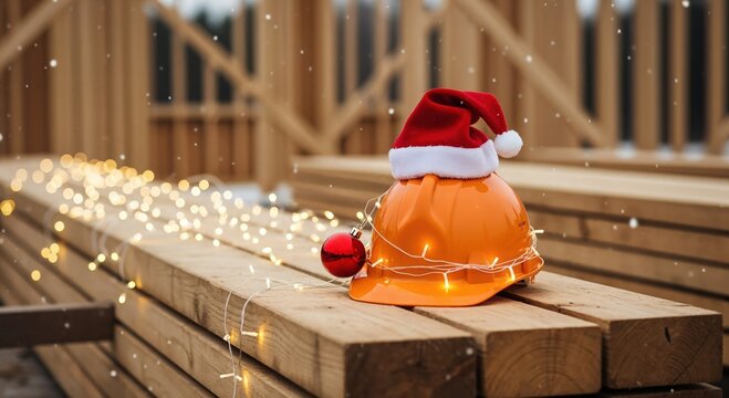 Holiday cheer at a building site: safety hard hat adorned with Santa hat, festive lights, and ornament.