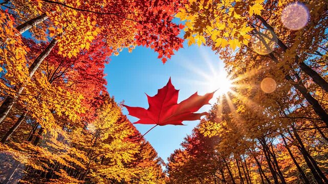 Autumn forest with heart-shaped opening and falling maple leaf sun rays and vibrant fall colors.