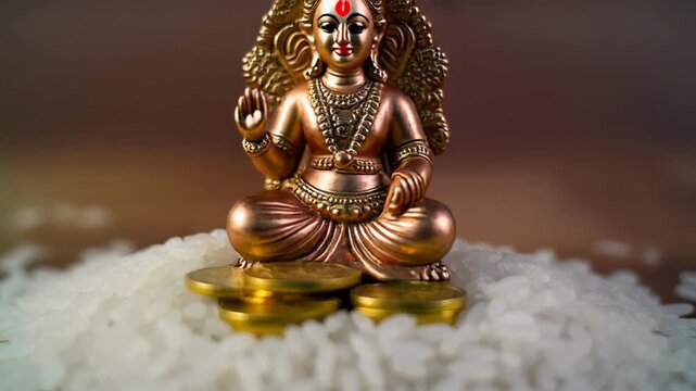 Hindu God Kubera Idol on Rice Grains - A Symbol of Wealth and Prosperity.