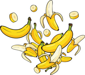 A Pile Of Yellow Bananas Some Peeled Some Whole With Slices On A White Background