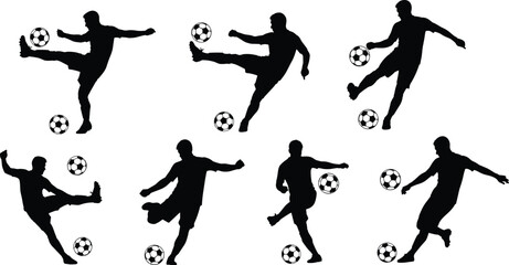 WebDynamic Football Players Shooting and Striking the Ball in Action Poses for Sport and Competition Vector.