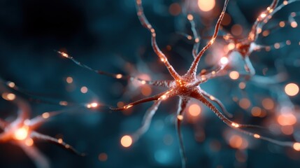 Close-Up View of Neurons with Glowing Synapses and Firing Electrical Impulses Representing Complex Brain Functions and Neural Interactions in a Dark Background