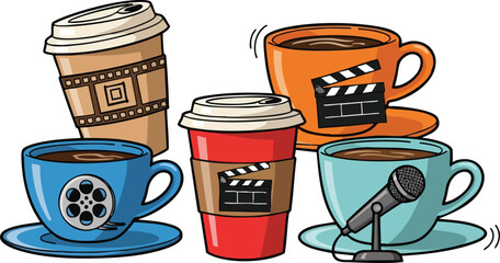 Pixel Art Coffee Cups With Film Clappers And Microphone Icons Celebrating Creative Industry Gathering