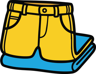 Yellow Denim Shorts Folded On Blue Fabric with Black Outline