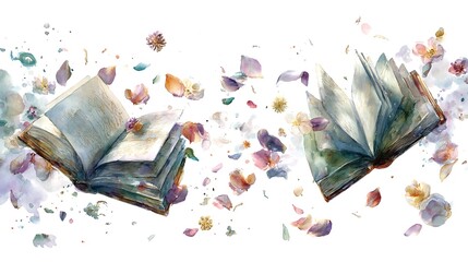 Abstract watercolor painting of two open books with scattered colorful petals and splashes