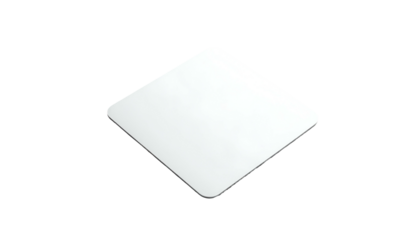 White rounded-corner square tile, tilted, against a black backdrop
