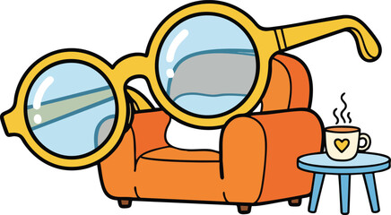 Large eyeglasses rest on a small orange armchair next to a steaming cup of coffee on a blue table