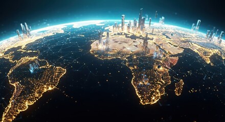 Glowing earth with interconnected global network and futuristic cityscapes at night.