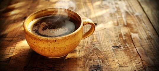 Cozy morning vibes  close up of steaming coffee cup on wooden table in natural light