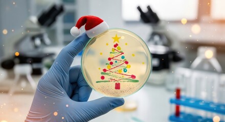Scientist's gloved hand holding a petri dish with a festive Christmas tree made of colorful bacterial cultures in a laboratory, celebrating holiday science