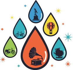 Retro Collage Of Vintage Objects Inside Colorful Water Drops Against White Background