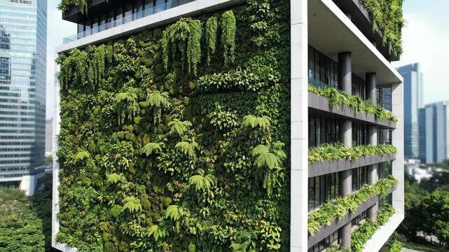 Modern architecture building facade vibrant green wall, nature integrated into urban spaces. Experience tranquil, eco conscious design