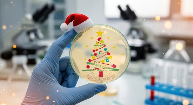 Scientist's gloved hand holding a petri dish with a festive Christmas tree made of colorful bacterial cultures in a laboratory, celebrating holiday science - Powered by Adobe