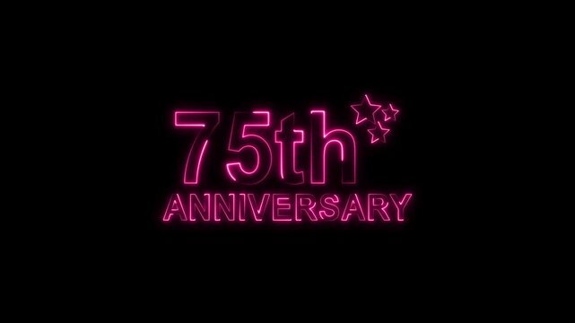 Celebrate 75th anniversary with glowing pink neon text and sparkling stars on a black backdrop, perfect for invitations, cards, and social media posts, evoking joy and milestone achievement