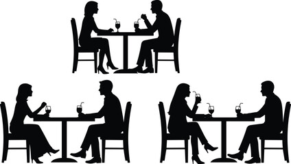 Silhouette couples sitting at café table drinking beverages, romantic date and conversation scene, restaurant interaction illustration for lifestyle and relationship concepts
