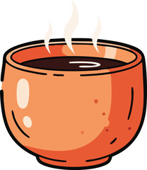 Pixel Art Style Orange Bowl Filled With Dark Hot Beverage Emitting Steam