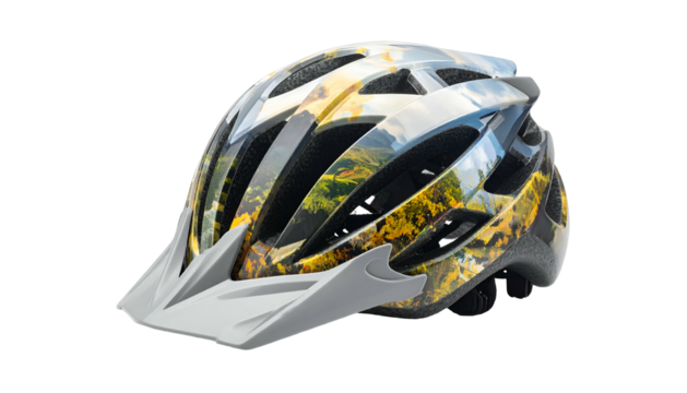 Helmet with scenic landscape, white visor