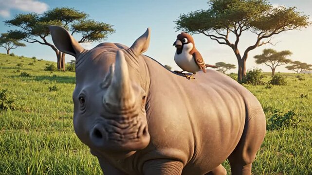 Friendly cartoon rhino with a bird companion on its back, designed in colorful children&rsquo;s cartoon style for educational visuals.