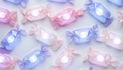 Obraz premium Vibrant halloween candy flat lay with neon reflections and colorful wrappers in top down view