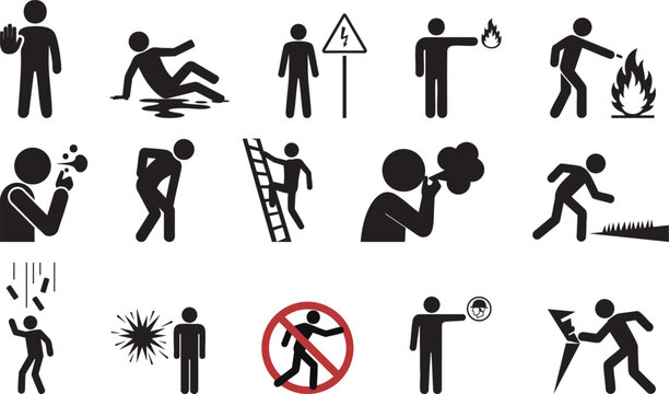 Safety Hazard and Warning Sign Silhouette Icon Set – Workplace Accident Prevention