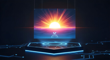 A captivating digital sunrise, blooming on a futuristic holographic display amidst glowing circuitry, symbolizes the serene integration of nature within advanced technology and innovation