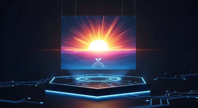 A captivating digital sunrise, blooming on a futuristic holographic display amidst glowing circuitry, symbolizes the serene integration of nature within advanced technology and innovation - Powered by Adobe