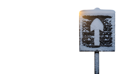 Snowy directional sign in winter scene points the way ahead