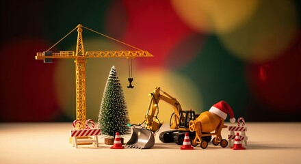 Miniature Construction Scene with Christmas Tree and Santa Hat Decorations in Festive Environment