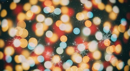 Vibrant and festive abstract background featuring colorful bokeh lights, shimmering particles, and sparkling snowflake effects, perfect for holiday celebrations and winter themes.